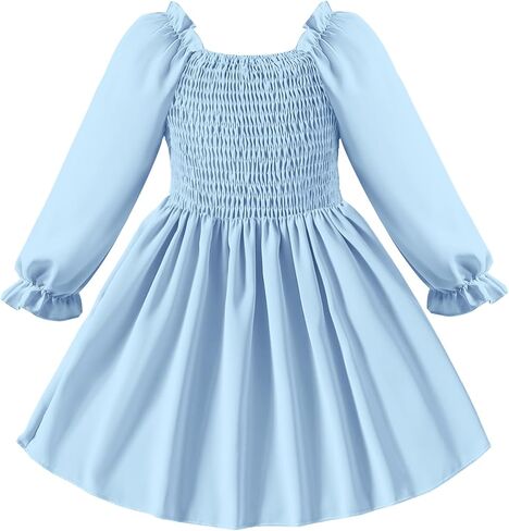 فساتين للفتيات الصغيرات فستان بأكمام طويلة للأطفال الصغار ورقبة مربعة للفتيات فستان بحاشية مكشكشة in Kuwait