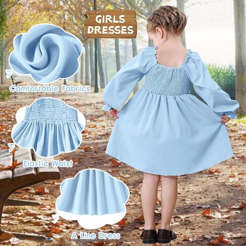 فساتين للفتيات الصغيرات فستان بأكمام طويلة للأطفال الصغار ورقبة مربعة للفتيات فستان بحاشية مكشكشة in Kuwait