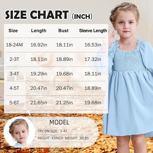 فساتين للفتيات الصغيرات فستان بأكمام طويلة للأطفال الصغار ورقبة مربعة للفتيات فستان بحاشية مكشكشة in Kuwait