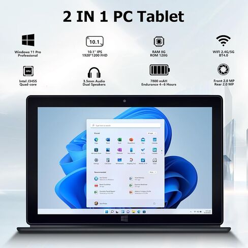 Windows Tablet, 2 in 1 10.1 Inch Windows 11 Pro Tablet PC, 8GB RAM 128GB Storage, Intel J3455 Quad-Core CPU, 1920x1200 IPS FHD Touchscreen, with Mini HDMI/WiFi/Bluetooth/Keyboard/USB/Dual Cameras in Saudi Arabia