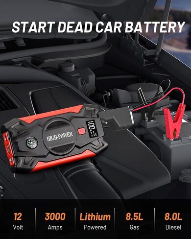 JAOPAE Car Jump Starter, 3000A Portable Car Battery Charger for Up to 8.5L Gas & 8.0L Diesel Engines, 12V 30000mAh Car Jump Box with 4 Modes Flashlight, Power Bank Function, Smart Jumper Cables in Saudi Arabia