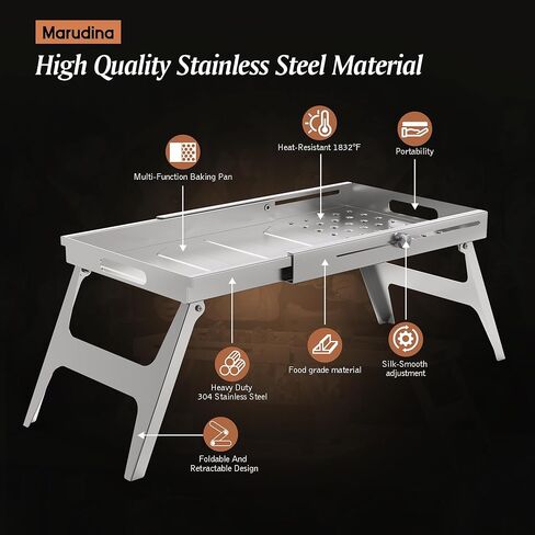 شواية شواء من الفولاذ المقاوم للصدأ، شواية لإشعال النار شديدة التحمل مع ارتفاع وحجم قابلين للتعديل (من 14.5 إلى 24.9 بوصة)، فولاذ مقاوم للصدأ قوي، أوتاد أرضية خصيصًا لتحقيق الثبات in Kuwait