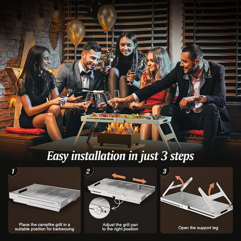 شواية شواء من الفولاذ المقاوم للصدأ، شواية لإشعال النار شديدة التحمل مع ارتفاع وحجم قابلين للتعديل (من 14.5 إلى 24.9 بوصة)، فولاذ مقاوم للصدأ قوي، أوتاد أرضية خصيصًا لتحقيق الثبات in Kuwait