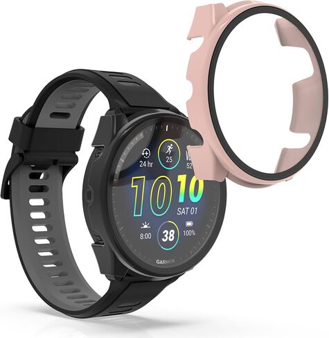kwmobile Cover Comaptible with Garmin Forerunner 965 Covers - 2X Tempered Glass with Plastic Frame - Black/Dusty Pink in Saudi Arabia
