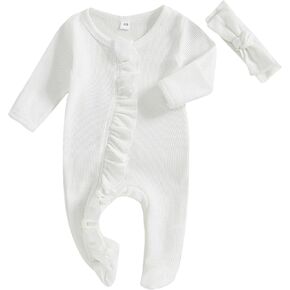 Newborn Baby Girl Clothes Waffle Footie Romper Long Sleeve Ruffle Zipper Jumpsuit Headband Coming Home Outfit