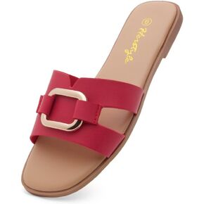 Herstyle GENA Women’s Flat Sandals Fashion Slides Black White Flat Sandals Square Open Toe Single Band Dressy Sandal Comfortable Slip on Slippers for Summer