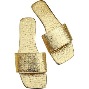 GORGLITTER Women's Metallic Flat Sandals Square Open Toe Slip on Slide Sandals