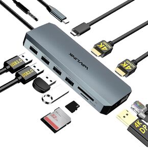 WAVLINK USB C Docking Station Dual Monitor, USB C Hub Laptop Triple Display, USB C to 2 HDMI,DisplayPort, PD Charging, Ethernet, 5 USB, SD/TF Read, Audio for MacBook Dell HP Lenovo Surface, Grey