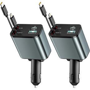 Retractable Car Charger(2Pack), 4 in 1 Car Phone Charger Fast Charge 66W with 180°Rotatable Adapter, Type C Cigarette Lighter USB Charger for iPhone 15/14/13/12 Pro Max/Apple/Samsung/Android/Pixle