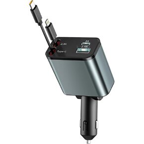 Retractable Car Charger(2Pack), 4 in 1 Car Phone Charger Fast Charge 66W with 180°Rotatable Adapter, Type C Cigarette Lighter USB Charger for iPhone 15/14/13/12 Pro Max/Apple/Samsung/Android/Pixle