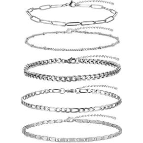 Gold Anklet for Women Men, 14K White Gold Plated Stainless Steel Anklets Set for Women Girls, Waterproof Cuban Figaro Rope Paperclip Beaded Snake Mariner Chain Ankle Bracelet