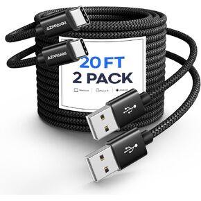 Long USB C Cable [𝟮-𝐏𝐚𝐜𝐤] 20Ft USB C Cable |Durable Double Braided Nylon| USB A to USB C Cable Fast Charging Cord Compatible with iPhone 15 Pro Max Samsung Galaxy Moto LG & More USB-C Devices