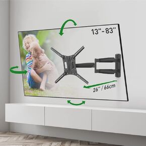 Barkan 26" / 66cm Long TV Wall Mount, 13-83 inch Full Motion Articulating - 4 Movement Premium Flat/Curved Screen Bracket, Holds up to 95lbs, Extremely Extendable, Fits LED OLED LCD