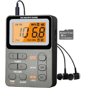 Portable Radio AM FM, Rechargeable Pocket Radio with Best Reception Digital Tuning, MP3, Stereo Earphone, Large LCD Screen, TF Card Socket, Transistor Radio for Jogging/Gym/Camping (Grey)