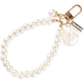 Pearl Phone Charm, Beaded Phone Wrist Strap Anti-Lost Cell Phone Chain Lanyard White Shell Pearl Phone Bracelet Cute Phone Wristlet Keychain Purse Pendants for Women Girls Gift