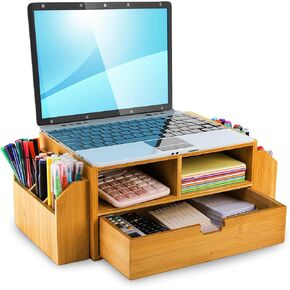 Hiceeden 2 Tier Bamboo Desktop Organizer, Desk Monitor Stand Riser with 1 Drawer and 2 Pen Holder, 2 Compartment Computer Desk Storage Organizer for Laptop, Printer, iMac
