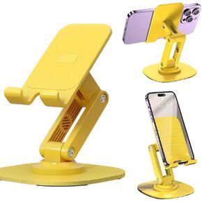 Cell Phone Stand for Desk，360° Rotating Cell Phone Holder with Metal Base, Adjustable Phone Stand for Office, Travel, Thick Phone Cases (Yellow)