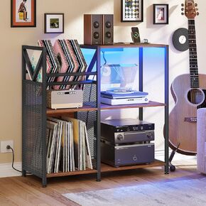 DWVO Record Player Stand with Power Outlets & LED Light, Record Player Table with Vinyl Record Storage Cabinet Holds Up to 380 Albums, Turntable Stand with Wooden Legs for Living Room, Walnut