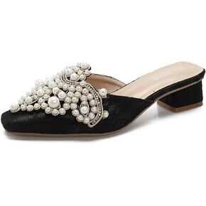 Women's Pearl Print Leather Low Heels Mules Fashion Comfortable Closed Pointed Toe Slip on Block Heel Backless Pumps for Party Prom Date Wedding Dress Slides