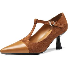 baobeijiadao Women’s Pointed Toe Pumps Mid Kitten Heel T-Strap Heels Ankle Buckle Dressy Wedding Office Shoes