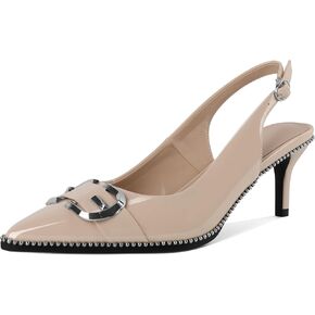 Soireelady Womens Slingback Kitten Heels Low Heel Beaded Pumps Pointed Toe Silver Buckle Fashion Dress Shoes 2.5 Inch