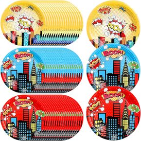 Zhehao 120 Pcs Hero Party Plates 7 Inch Heroes Round Paper Plates Disposable Dinner Plates Red Blue Yellow Decorative Paper Plates for Birthday Hero Theme Party Tableware Decorations