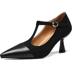 baobeijiadao Women’s Pointed Toe Pumps Mid Kitten Heel T-Strap Heels Ankle Buckle Dressy Wedding Office Shoes