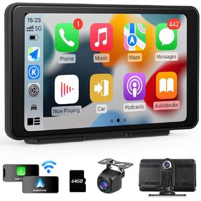 JIUYIN 2024 Apple Carplay/Android Auto Screen for Car, 7" HD Portable Wireless Car Stereo Touch Screen with 4K Dash Cam, Backup Camera, GPS Navigation, Voice Control, Mirror Link for All Cars