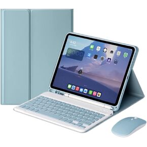 حافظة لوحة مفاتيح مع ماوس لجهاز iPad 10.2 بوصة، حافظة لجهاز iPad 9th/8th/7th Gen/Air3/Pro10.5 مع لوحة مفاتيح وماوس، لوحة مفاتيح مغناطيسية رفيعة قابلة للفصل مع حامل أقلام (أزرق)