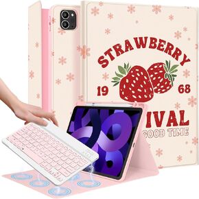 for iPad Air 11 inch Case 2024 - Air 5th/4th Generation 10.9, Pro 11 Case with Keyboard Pencil Holder Tablet Cover Folio Women Cute Girls Kawaii Strawberry for iPad Air 11 2024 (M2), Pro 11