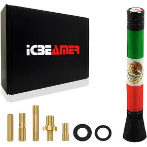 ICBEAMER 3 inch / 76 mm Mini Mexican Mexico Flag Automotive Antenna with Internal Copper Coil Universal Fit AM/FM Radio Antenna Replacement Compatible for Car, Truck and Van