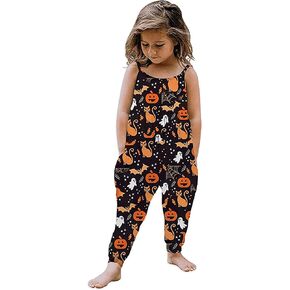 Kids Toddler Baby Girls Sleeveless Jumpsuit Halloween Pumpkin Ghost Floral Romper Harem Pants Pocket Waffle Outfits
