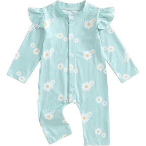 Newborn Baby Girl Long Sleeve Ruffle Daisy Print Oversized Bubble Romper Button Jumpsuit One Piece Coverall Outfit
