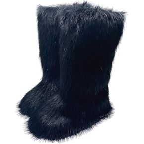 Gegefur Women's Furry Fluffy Boot Faux Fur Long Snow Boot Knee High Boots Warm Comfortable Outdoor Flat Shoes