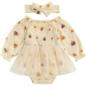Newborn Baby Girl Halloween Romper Dress Pumpkin Long Sleeve Tulle Bodysuit Infant Halloween Outfit Clothes