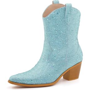 Rhinestone Cowboy Boots for Women Pointed Toe Sparkly Cowboy Boots Mid Calf Block Heel Sparkly Cowgirl Boots