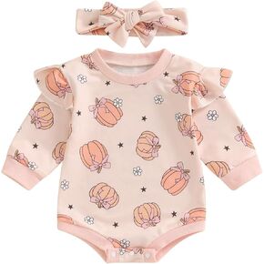 Baby Girl Halloween Outfit Pumpkin Ghost Sweatshirt Romper Long Sleeve Crewneck Sweater Bodysuit with Headband