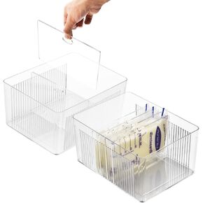 2-Packs Breastmilk Freezer Storage Container with Separator Boards, 8 Pieces Adjustable Dividers Flat Freeze Breast Milkies Bags in Organizer Bins to Save Refrigerator Space | Fit 3 4 5 6oz - Clear