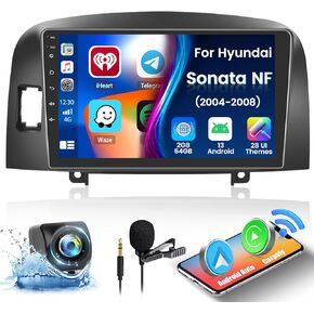 Fuluku【2+64G】 for Hyundai Sonata 2004-2008 Android 13 Car Stereo with Wireless Carplay Android Auto Mirror Link, 9’Touchscreen Radio WiFi/GPS/FM/RDS/Bluetooth/SWC/Waterproof Night Backup Cam Mic