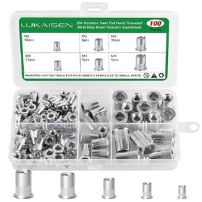 Stainless Steel Rivet Nuts Kit M3 M4 M5 M6 M8 M10 Threaded Insert Nutsert Rivnuts Assortment Kit 215 Pieces, Finish Flat Head Rivnut Threaded Insert Nut Knurled Body
