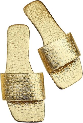 GORGLITTER Women's Metallic Flat Sandals Square Open Toe Slip on Slide Sandals in Saudi Arabia