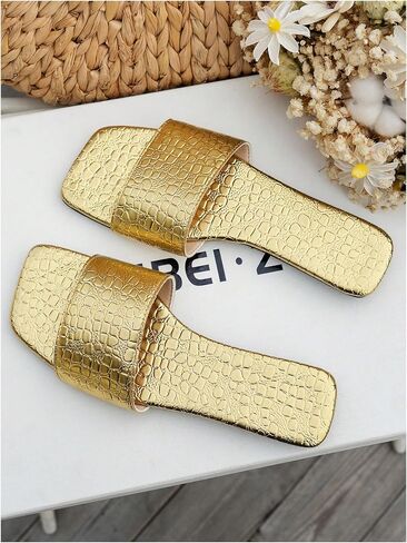 GORGLITTER Women's Metallic Flat Sandals Square Open Toe Slip on Slide Sandals in Saudi Arabia
