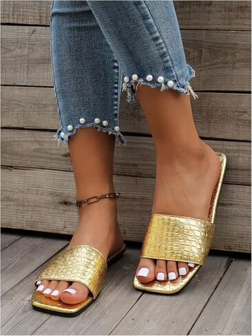 GORGLITTER Women's Metallic Flat Sandals Square Open Toe Slip on Slide Sandals in Saudi Arabia