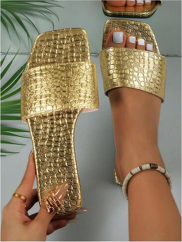 GORGLITTER Women's Metallic Flat Sandals Square Open Toe Slip on Slide Sandals in Saudi Arabia
