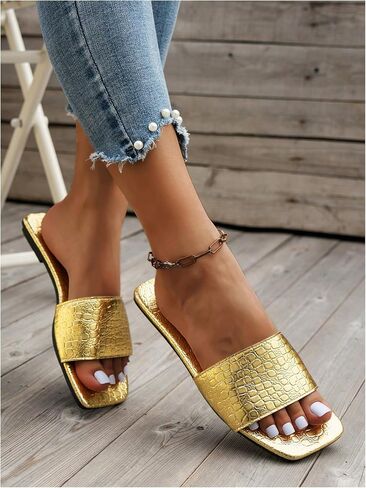 GORGLITTER Women's Metallic Flat Sandals Square Open Toe Slip on Slide Sandals in Saudi Arabia