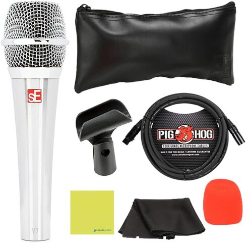 Liquid Audio sE Electronics V7 Supercardioid Dynamic Vocal Microphone in Chrome Finish Bundle w/Pig Hog PHM10 8mm Mic Cable Polishing Cloth in Saudi Arabia