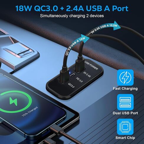 Linkstyle 4 قطعة 3 منافذ USB 12 فولت، PD3.0 نوع C، QC 3.0 USB A & 2.4A USB محول مقبس شاحن سريع للسيارة البحرية in Saudi Arabia