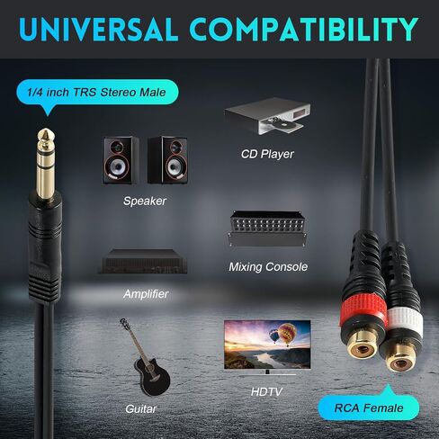 1/4 inch to 2RCA Splitter Cable, 6.35mm Stereo Jack Female to 2 RCA Male Plug, Audio Adapter Mono Y Splitter Converter Cord Compatible for Mixer,Tablets, Speakers,MP3 (25cm/10inch) in Kuwait