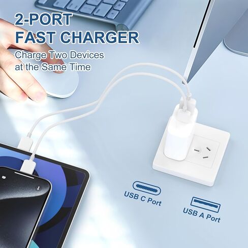 كتلة شاحن حائط USB C، محول طاقة USB C بمنفذ مزدوج 20 وات PD+QC، قابس شحن سريع من النوع C لهواتف iPhone 16/15/14/13/12/11/Pro Max/XS/XR/X وSamsung Galaxy وLG و المزيد-2 حزمة in Kuwait