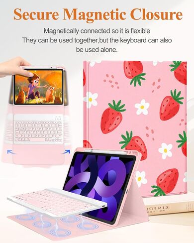 for iPad Air 11 inch Case 2024 - Air 5th/4th Generation 10.9, Pro 11 Case with Keyboard Pencil Holder Tablet Cover Folio Women Cute Girls Kawaii Strawberry for iPad Air 11 2024 (M2), Pro 11 in Saudi Arabia